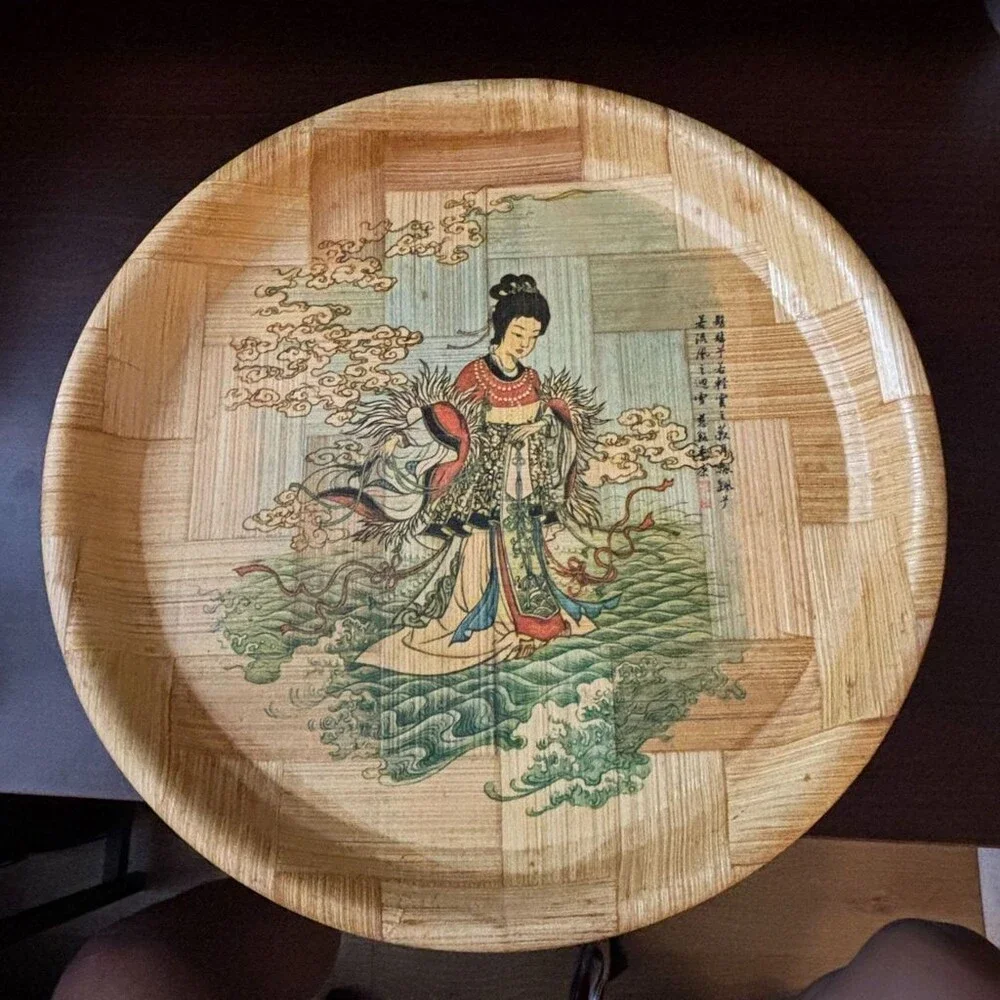 Goddess of the Lo River Chinese Bamboo Plate Round Hand Painted Tray Artwork